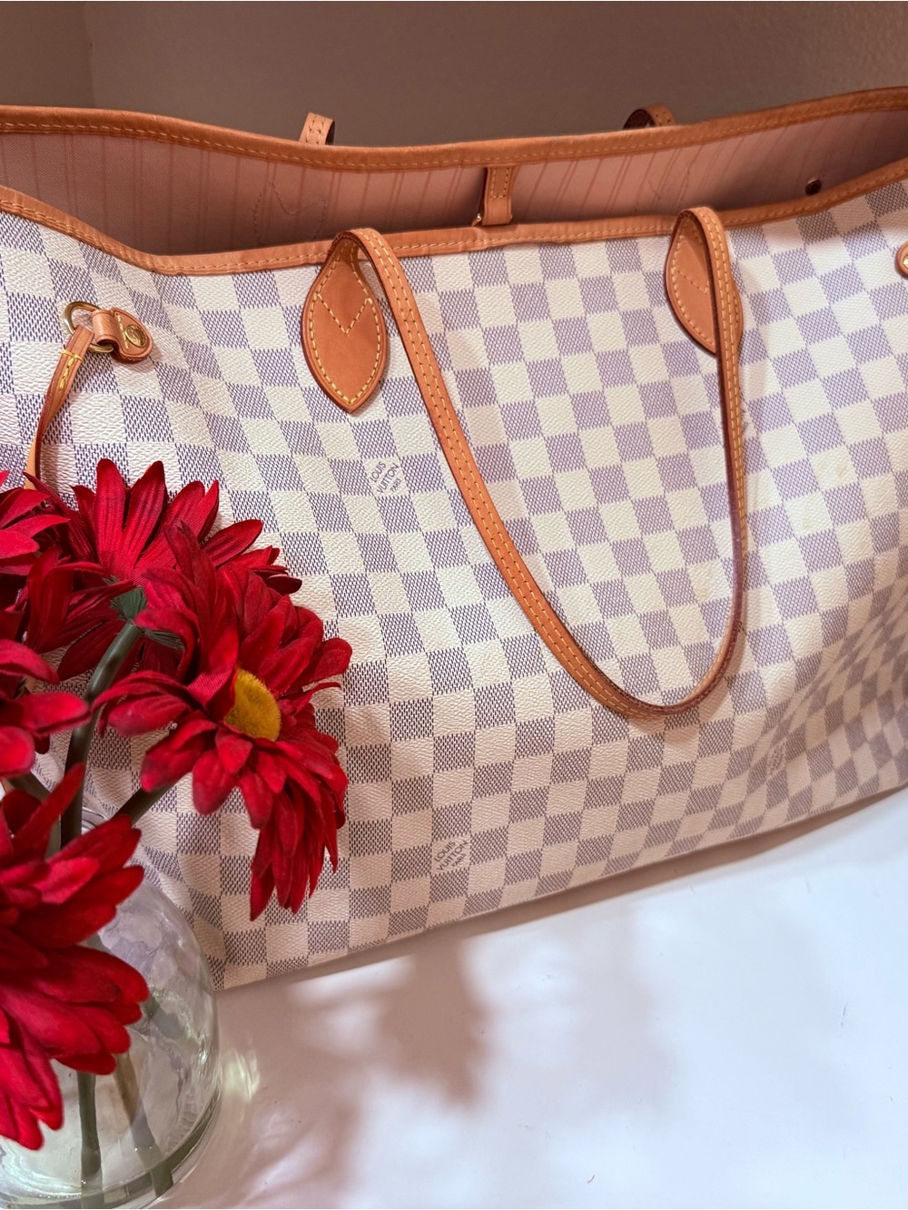 Cream Checkered Tote Bag with Tan Leather Trim